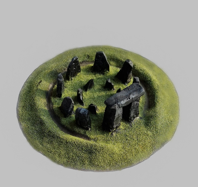 Model railway stonehenge, OO gauge — hand-carved stone circle scenery with bluestones and sarsen standing stones, fully assembled and painted